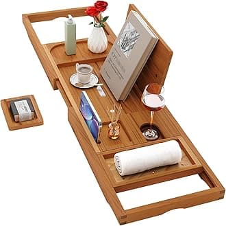Yirilan Teak Bathtub Tray Caddy, Expandable Bath Tray for Tub, with Wine and Book Holder, and Placement for Tablet Smartphone, as Unique Housewarming and Wedding Gifts