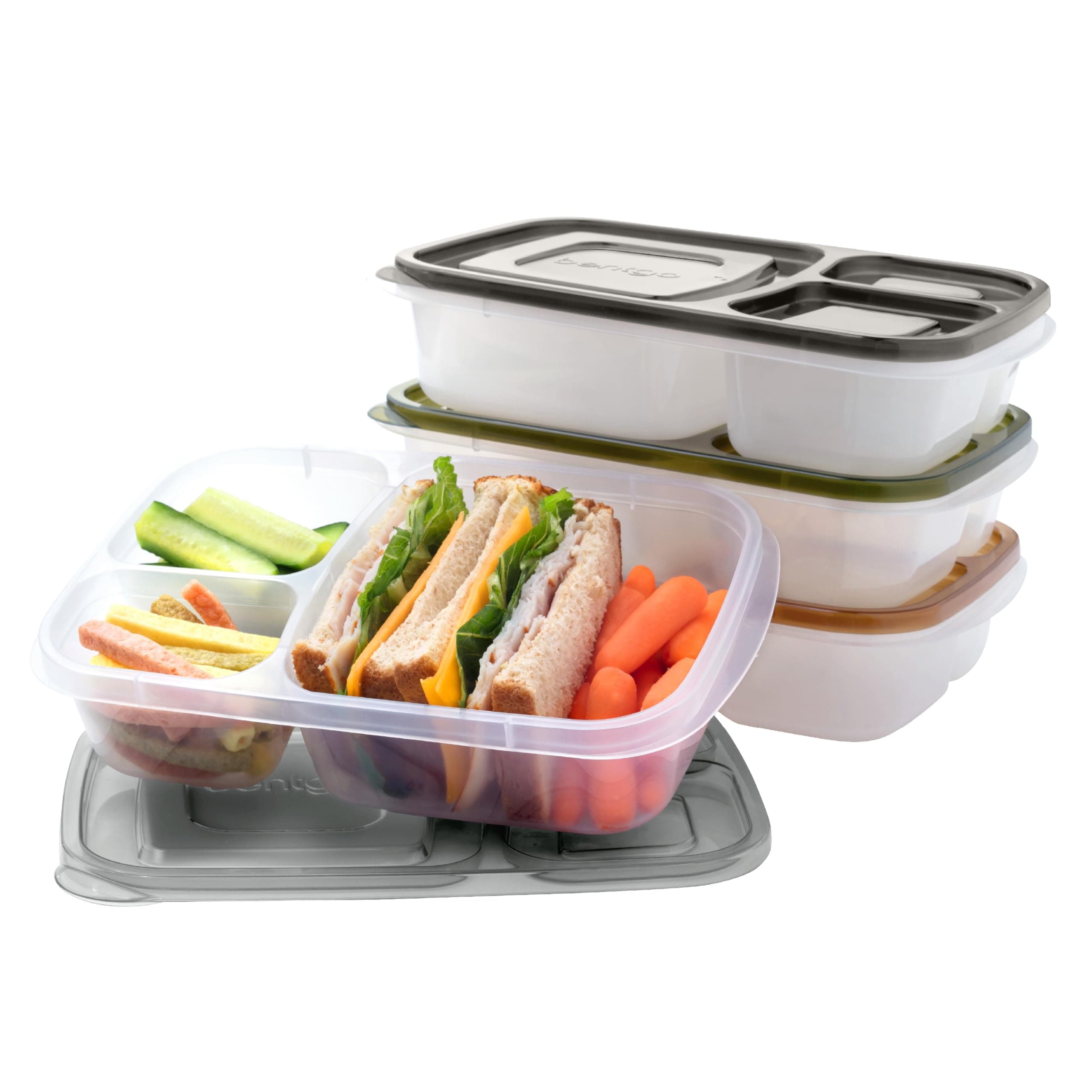 Easyboxes - Original Stackable Lunch Boxes - Reusable 3-Compartment Food Containers for Kids and Adults - Bento Lunch Box for Meal Prep, School, & Work - BPA Free, Set of 4 (Earth Tones)