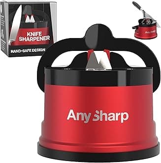 AnySharp – Pro – Hands Free Knife Sharpener - Easy to Use Sharpening Tool with PowerGrip Suction Base and 20-Degree Pre-Set Angle - for All Knives: Chef's, Serrated, and Hardened Steel - Matte Red