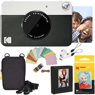 Kodak Printomatic Instant Camera Bundle (Black) Zink Paper (20 Sheets) - Case - Photo Album - Hanging Frames.