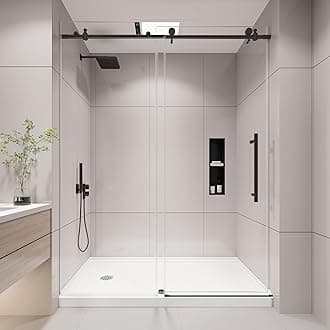 KPUY Frameless Shower Door, 43-48" W x 76" H Sliding Glass Shower Door, 1/4" (6mm) Thick Tempered Clear Glass with Explosion-Proof Film Nano Coating, Stainless Steel Hardware, Matte Black