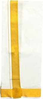 Men's 100% Pure Cotton White With Gold Jari Lungi in Size 2 Mtrs Single Lungi- Pack Of 1