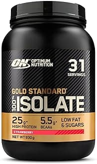 ON Gold Standard 100% Isolate Pure Whey Protein, Naturally Occurring BCAAs and Glutamine, Pre and Post Workout, Strawberry Flavour, 31 Servings, 930 g