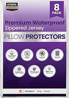 Set of 8 Pillow Protectors with Zipper Standard Size, Bed Bug and Dust Mite Proof Pillow Covers, Ultra Soft Pillow Encasements, Moisture Wicking and Waterproof Pillow Cases by Utopia Bedding (White)