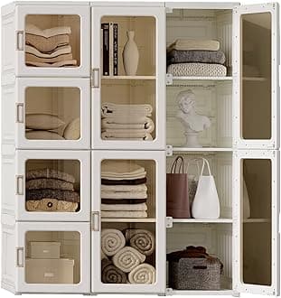 ANTBOX Portable Wardrobe Closet Storage Organizer for Clothes，Folding All-in-one Plastic Wardrobe with Magnetic Door and Easy Assembly 12 Cubes