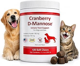 Cranberry D-Mannose Urinary Tract Support Supplement for Cats and Dogs - Cranberry Extract, D-Mannose, Vitamin C - Bladder and UTI Treatment - Made in USA - 120 Soft Chews