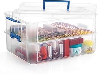 PALAK Plastic Storage Box - 2 Tier Transparent Rectangular Multi Utility Detachable, Space Saving Organiser With Lid For Medicine, Jewelry, Arts & Crafts, Buttons, Beads (2 Tier, Blue)
