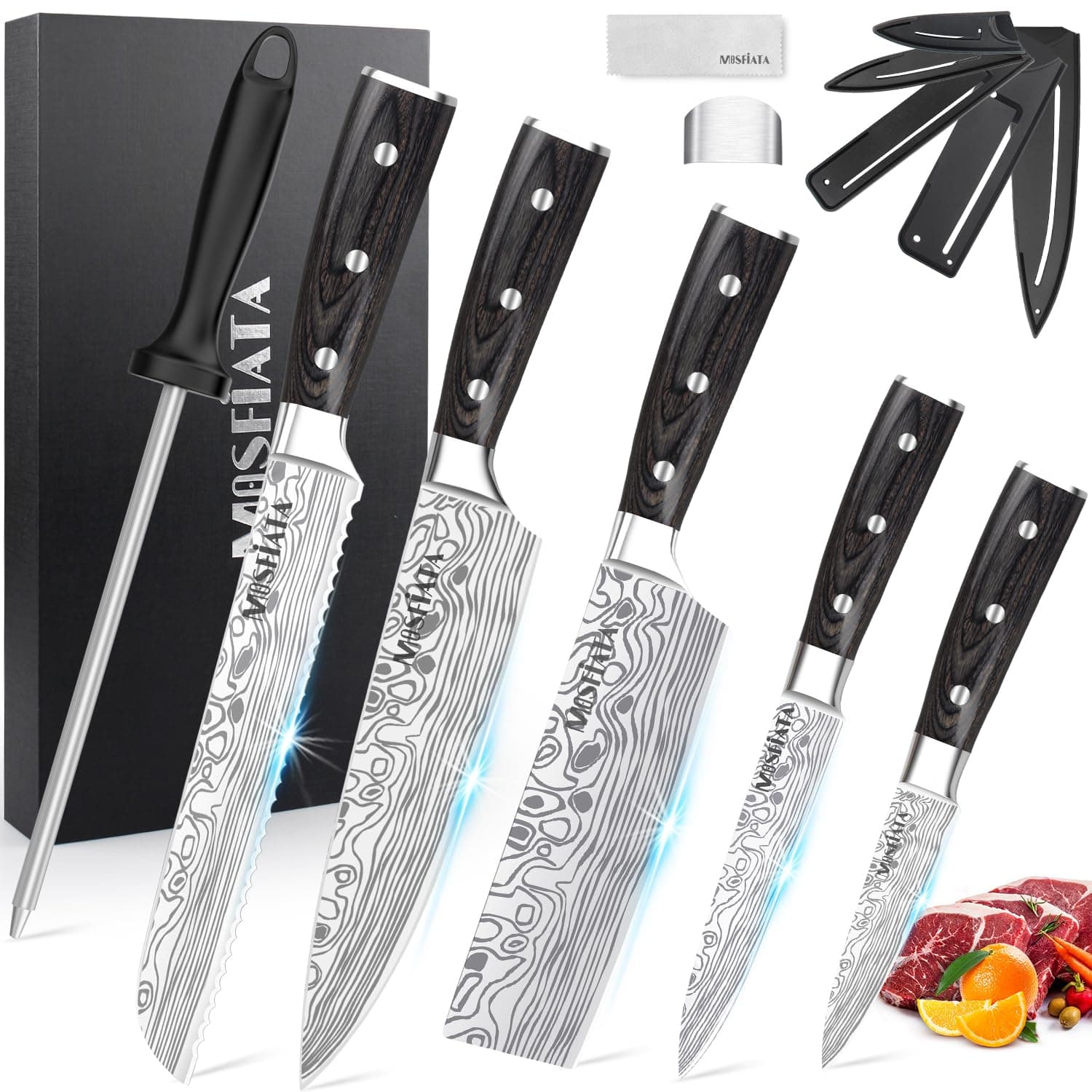 5PCS Kitchen Knife Set, Professional Sharp 8" Chef Knife & 7" Nakiri Knife & Utility Knives Set, German High Carbon Stainless Steel Chef Knife Set with Knife Sharpener Rod, Finger Guard Gift
