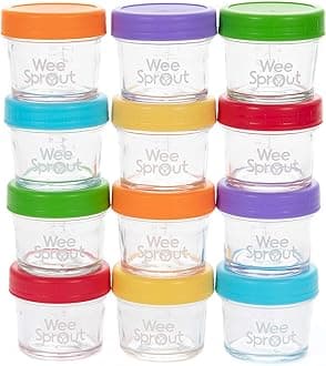 WeeSproutGlass Baby Food Storage Jars - 12 Set, 4 oz Baby Food Jars with Plastic Lids, Freezer Storage, Reusable Small Glass Baby Food Containers, Microwave & Dishwasher Safe, for Infant & Baby Food