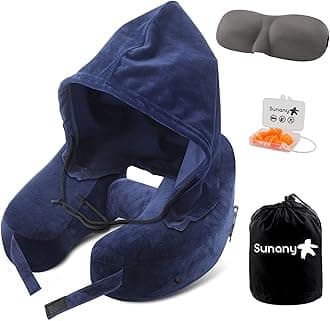 Sunany Neck Pillow Inflatable Travel Pillow Comfortably Supports The Head, Neck and Chin, Airplane Pillow with Soft Velour Cover, Hat, Portable Drawstring Bag, 3D Eye Mask and Earplugs (Blue)