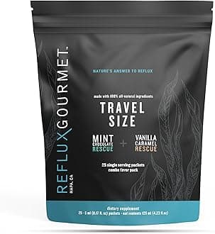 - REFLUX GOURMET Natural Heartburn Acid Reflux Relief Support Supplement for GERD, LPR, Indigestion, Aid for Intermittent Fasting, Alginate Therapy, Single Serve 25 Pack, Mint Chocolate/Vanilla Caramel
