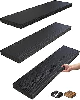 BAYKA Floating Shelves, Wall Mounted Rustic Wood Shelves for Bathroom, Bedroom, Living Room, Kitchen, Small Hanging Shelf for Books/Storage/Decor with 22lbs Capacity (Black, Set of 3, 22.5in)
