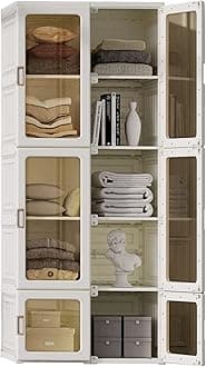 Portable Wardrobe Closet Storage Organizer for Clothes,Transparent Door Panels,Suitable for Living Room, Bedroom,Plastic Wardrobe with Magnetic Door and Easy Assembly 10 Cubes