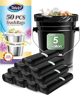 Teivio 5 Gallon 50 Counts Strong Trash Bags Garbage Bags, Bathroom Trash Can Bin Liners, Plastic Bags for home office kitchen, Black