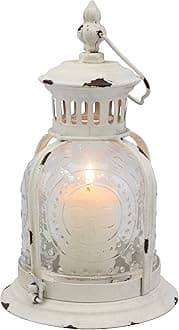 CKK Industrial LTD Stonebriar Antique Worn White Metal Candle Lantern, Use As Decoration for Birthday Parties, a Rustic Wedding Centerpiece, or Create a Relaxing Spa Setting, For Indoor or Outdoor Use