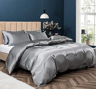 P Pothuiny 5 Pieces Satin Duvet Cover King Size Set, Luxury Silky Like Grey Duvet Cover Bedding Set with Zipper Closure, 1 Duvet Cover + 4 Pillow Cases (No Comforter)
