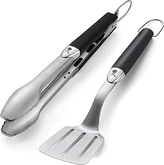 Premium Grill Tool Set - Compact, 2-piece Made of Stainless Steel, consisting of Grill Tongs (38cm) and Turner (35cm), with Practical Handles, Dishwasher Safe - Silver (6645)