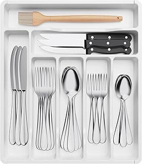 Lifewit Cutlery Drawer Organiser, Plastic Cutlery Tray for Kitchen Drawer, Utensil Flatware Silverware Holder Divider for Spoons Forks Knives Tableware, 7 Compartment, White