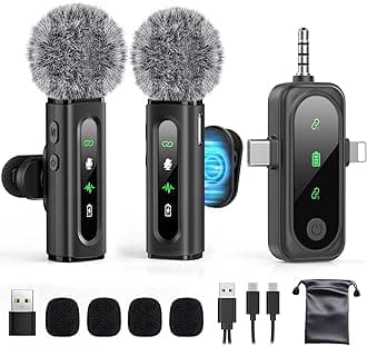 Wireless Lavalier Microphone for iPhone, Android, USB C, PC, Camera Video Recording 4 in 1 Clip-on Mics with Rotatable Clip&Denoise Recording, for Vlog Tiktok YouTube Podcast Content Creator