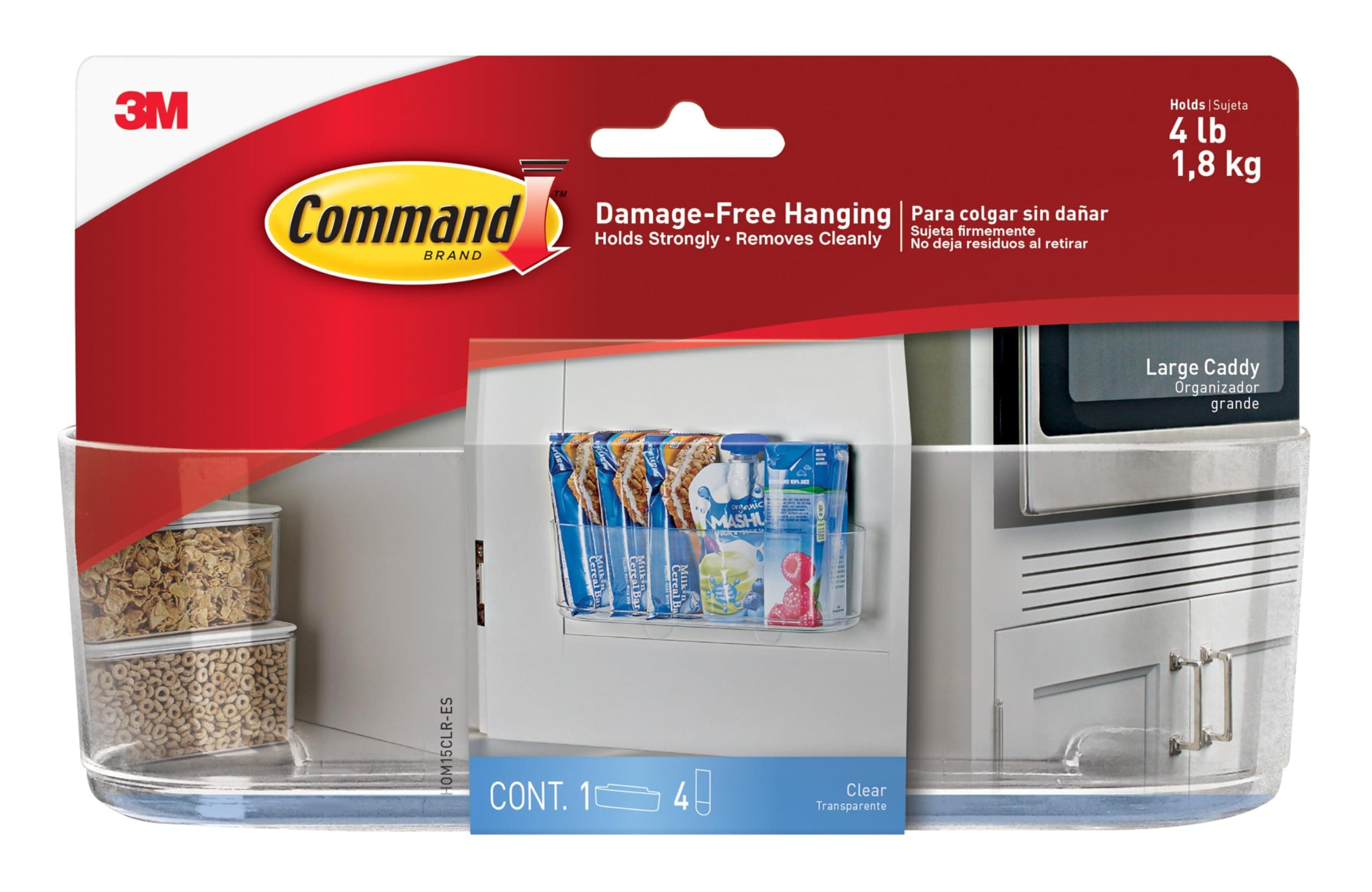 Command Large Caddy, Holds up to 4 lb, 8.6" x 3.1" x 3", 1 Caddy with 4 Strips, Damage-Free Organization Wall Mount to Cabinet, Kitchen, Pantry, Closet, or Under Sink