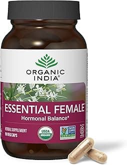 ORGANIC INDIA Essential Female Herbal Supplement - Hormonal Balance, Women's Formula, Reproductive Health, Adaptogen, Ayurvedic, USDA Certified Organic, Non-GMO - 90 Capsules