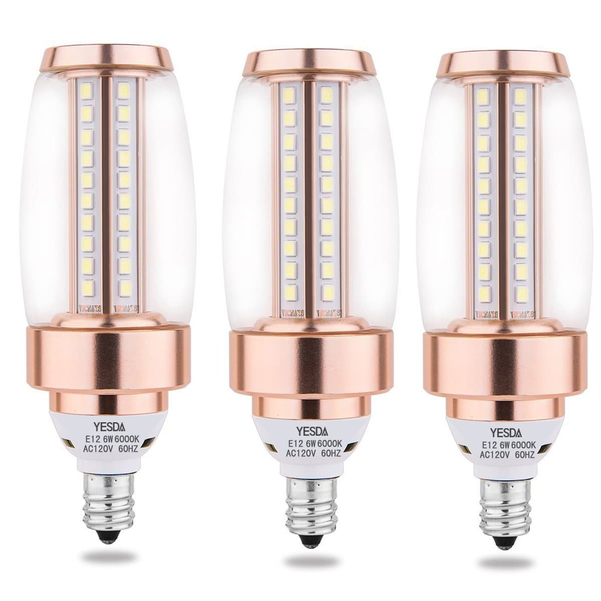 E12 Candelabra LED Light Bulbs -6W Super Bright Daylight White 6000K 60W Equivalent LED Chandelier Bulbs, Candelabra Base E12 Non-Dimmable LED Lamp, Pack of 3 Gold Cover (Daylight White 6000K)