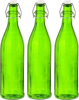 Machak Colhexa Glass Bottles With Cork 1litre, Kitchen Decoration (Green, Set of 3)