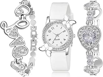 Acnos® Premium White Dial Diamond Pink Analog Watch Love Heart Diamond Bracelet for Girls Best Design Butterfly Combo 3 Pack of 3, White-3, Chronograph