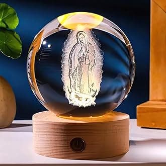 Christian Decor, Wooden Light Base Crystal Ball Night Light, Home Decor - Christian Gifts for Men and Women (Lady of Guadalupe)