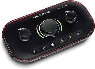 Focusrite Vocaster Two — Podcasting Interface for Recording Host and Guest. Two Mic Inputs and Two Head-phone Outputs, with Auto Gain, Enhance, and Mute. Small, Lightweight, and Powered by Computer.
