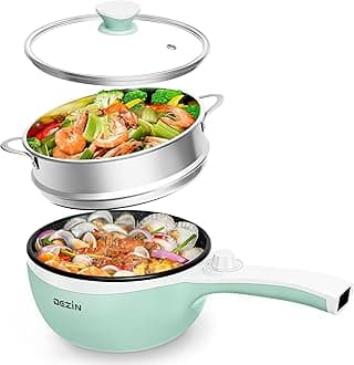 DEZIN Hot Pot Electric with Steamer Upgraded, Non-Stick Sauté Pan, Rapid Noodles Electric Pot, 1.5L Mini Pot for Steak, Egg, Fried Rice, Ramen, Oatmeal, Soup with Power Adjustment (Egg Rack Included)
