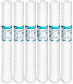 Membrane Solutions 20 Micron 2.5" OD x 20" Length String Wound Sediment Polypropylene Replacement Water Filter Cartridge - 6 Pack