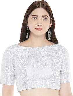 Studio Shringaar Women's Readymade Brocade Elbow Length Sleeves Saree Blouse (S2349_Silver_42)