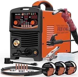 250A Aluminum Pulsed MIG Welder 110V/220V, 6 in 1 Gasless Flux Core MIG/Gas MIG(MAG) /Single Pulse MIG/Lift TIG/Stick/2T 4T Spot Multiprocess Welder with Synergic/Manual Control Welding Machine