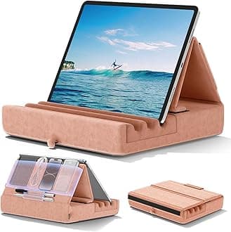KDD Tablet Pillow Holder, Foldable iPad Stand for Lap, Bed and Desk -Tablet Soft Pad Dock with Pocket & Stylus Mount Compatible with iPad Pro 12.9, 10.5 Air Mini 6 5 4 3, Kindle, E-Reader, Peach Fuzz