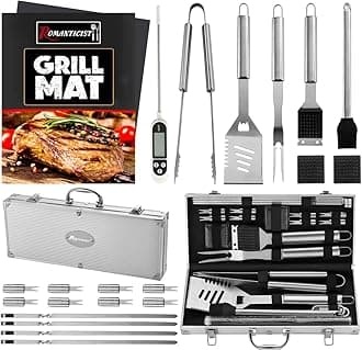 ROMANTICIST 23pcs Must-Have BBQ Grill Accessories Set with Thermometer in Case - Stainless Steel Barbecue Tool Set with 2 Grill Mats for Backyard Outdoor Camping - Father's Day Best Barbecue Gift