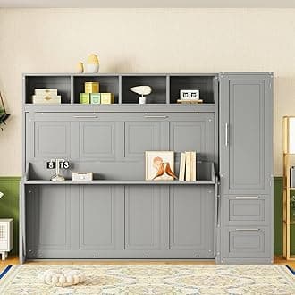 Queen Size Murphy Bed Wall Bed with Closet and Drawers, Foldable Platform Bed Folded into Cabinet, Muti-Functional Designed for Home Office (Gray/L1, Queen)