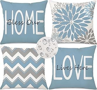 Coeufuedy Blue Outdoor Waterproof Throw Pillow Covers 18 x 18 Set of 4 Floral Geometric Bless Our Home Love Lives Here Decorative Cushion Case for Patio Furniture Bedroom Sofa Couch