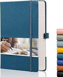 EMSHOI College Ruled Notebook Lined Journal - 120gsm Thick 256 Numbered Pages, A5 Hardcover Leather Writing Notebook for Work School Travel Women & Men - with Sticky Notes, 5.75"x8.38", LightBlue