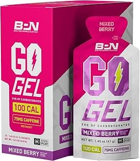 BARE PERFORMANCE NUTRITION, BPN Go Gel Endurance, 24g of Carbohydrates & 100 Calories per Pack, Vegan + Gluten Free Running Gel, 10 Single-Serving Packs, Caffeinated Mixed Berry
