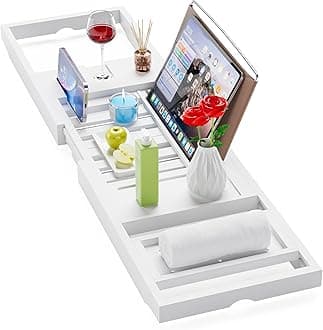Yirilan Foldable Bathtub Caddy, Expandable Bath Caddy Tray, Unique House Warming Gifts, New Home, Anniversary and Wedding Gifts for Couple, White