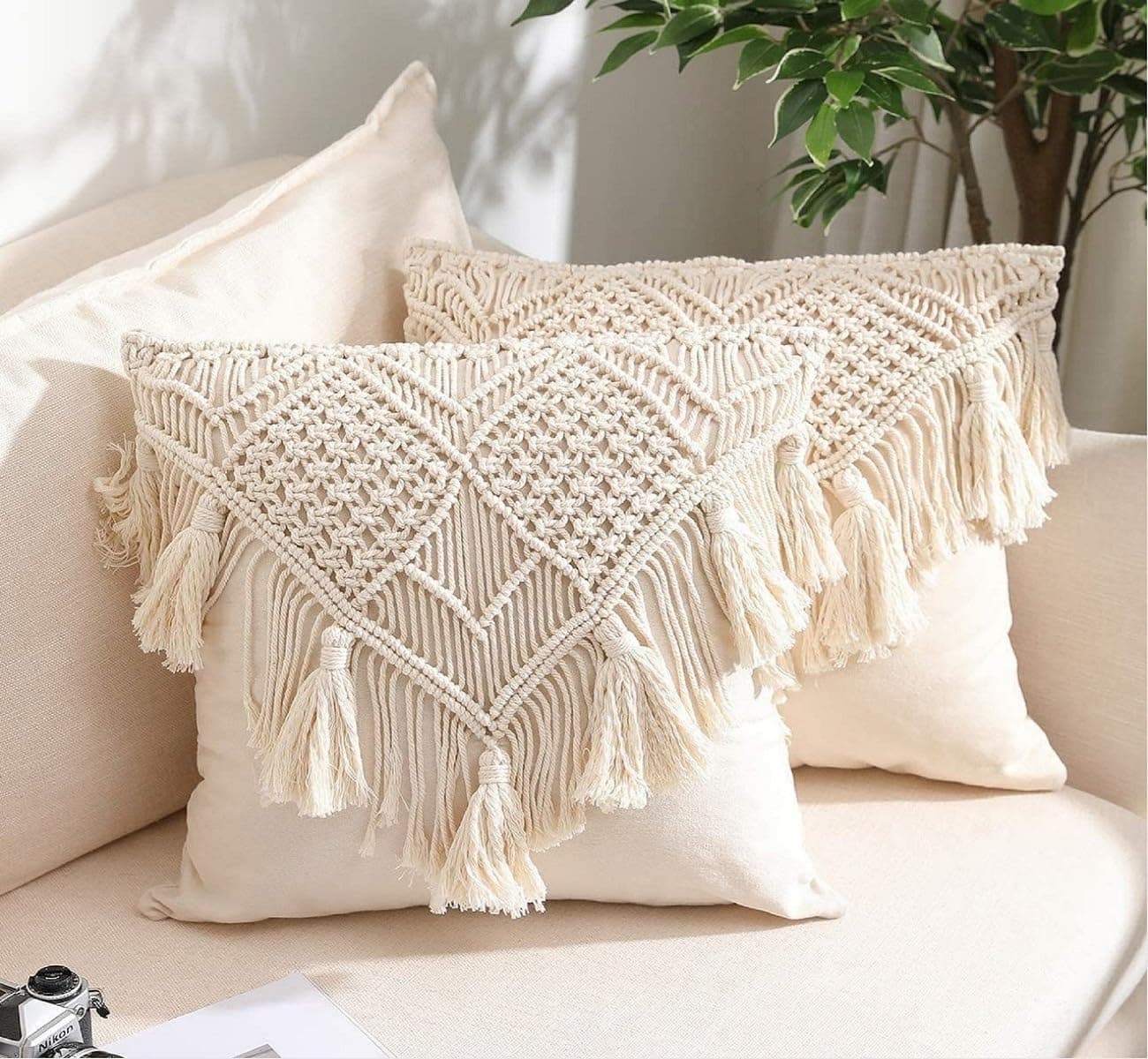 Macrame Cushion Cover 16 x 16 inch Off-White | Boho Pillow Case for Sofa Set, Bedroom Living Room in Premium Cotton Canvas Fabric with Back Zipper, 1 - Piece (Festive)