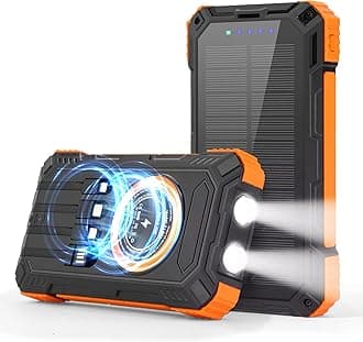 Solar Charger Power Bank,36000mAh Portable Wireless Charger with USB-C in/Output,15W Fast Charging External Battery Pack Built in 4 Cables,Three Inputs Phone Portable Charger (Black-Orange, 36000mAh)