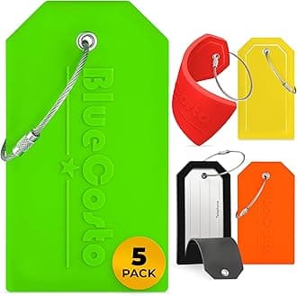 BlueCosto - Luggage Tags - Large, Multicolored, 5 PK - PVC Suitcase Tags w/Privacy Cover & Stainless Steel Wire Loops - Personalized Baggage Identifiers for Travel - Backpack Name Labels