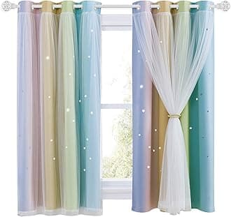 NICETOWN Rainbow Curtains for Kids - Star Cut Out Double Layer Blackout Curtains with Voile Thermal Privacy Protection for Nursery Bedroom Living Room, 2 Panels, W52 x L54 Inch (132x137 cm),Rainbow
