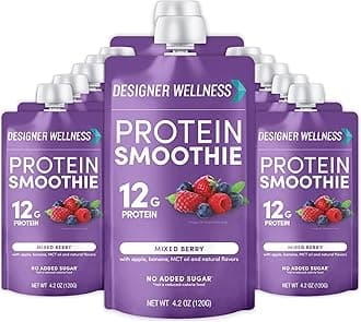 Designer Wellness Protein Smoothie, Real Fruit, 12g Protein, Low Carb, Zero Added Sugar, Gluten-Free, Non-GMO, No Artificial Colors or Flavors, Mixed Berry, 12 Count