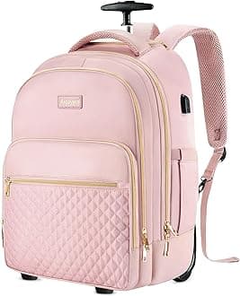 Rolling Backpack Carry On Luggage For Adults With Wheels, 40L Wheeled Backpack For Women, Travel Roller Backpack, Rolling Bag, Pink Gold, Pink, 20 inches, Rolling Backpack Carry on Luggage