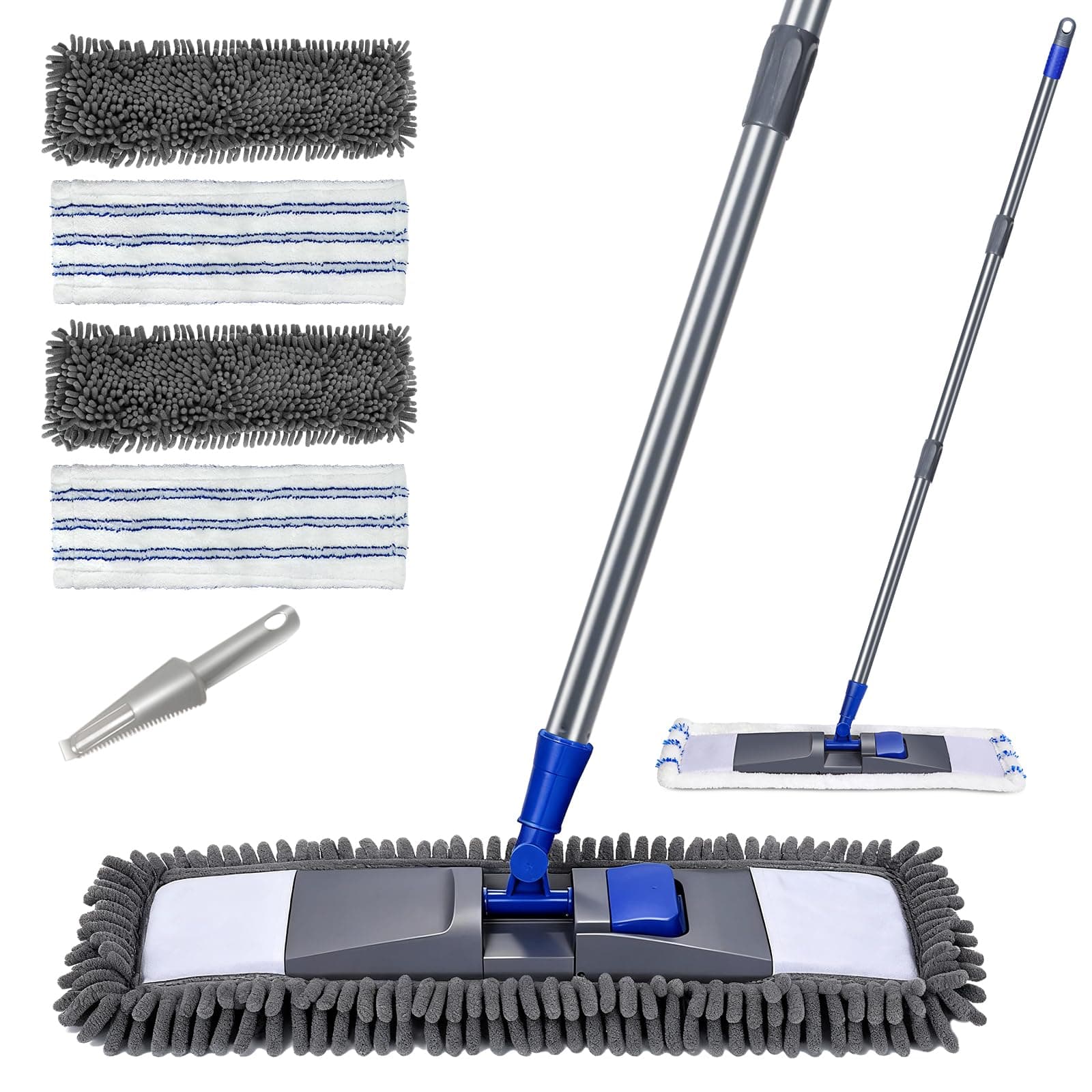Microfiber Mop for Floor Cleaning, Flat Dust Mop for Home and Kitchen, Adjustable Stainless Steel Handle with 4 Washable Pads&1 Cleaning Scrape for Hardwood, Vinyl