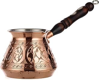 DEMMEX 15 Oz Thickest Copper Turkish Greek Arabic Coffee Pot, Stovetop Coffee Maker, Cezve Ibrik Briki with Wooden Handle & Spoon, Hand Engraved (Copper, 6 Servings)
