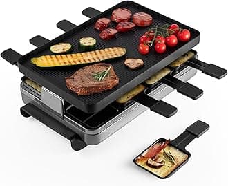 Swissmar KF-77080 Stelvio 8-Person Raclette with Reversible Cast Aluminum Non-Stick Grill Plate/ Crepe Top, Brushed Stainless Steel
